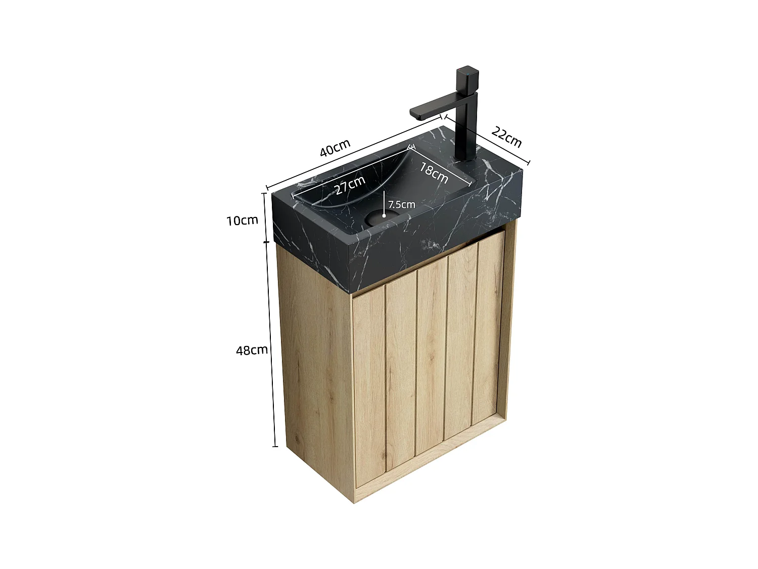 Lavabo integrado de pared en mármol negro, diseño moderno, con mueble bajo lavabo de roble blanco, 1 puerta (40x22x58 cm)