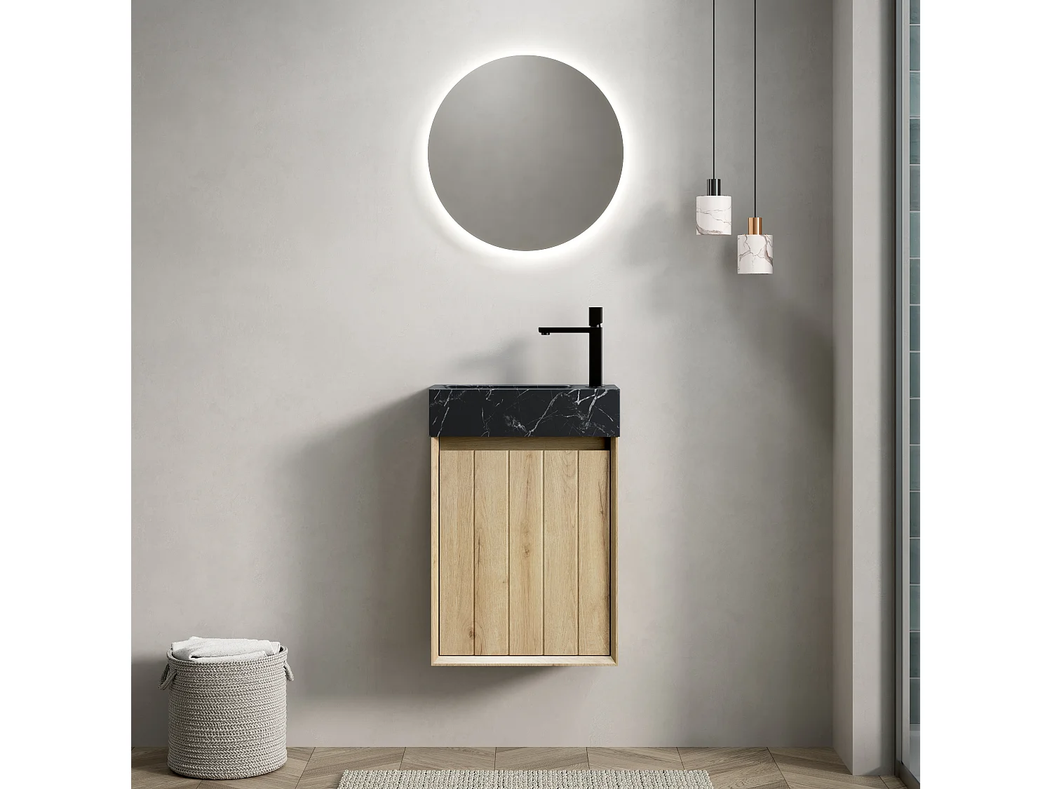 Lavabo mural intégré en marbre noir, design moderne, avec meuble sous vasque en chêne blanc, 1 porte (40x22x58 cm)