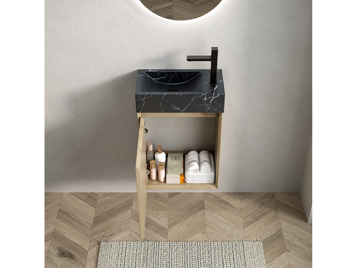 Lavabo mural intégré en marbre noir, design moderne, avec meuble sous vasque en chêne blanc, 1 porte (40x22x58 cm)