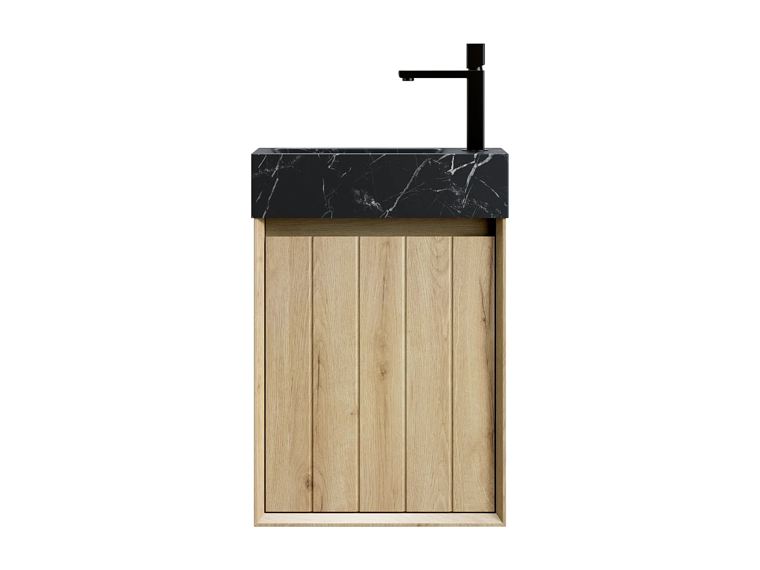 Lavabo mural intégré en marbre noir, design moderne, avec meuble sous vasque en chêne blanc, 1 porte (40x22x58 cm)
