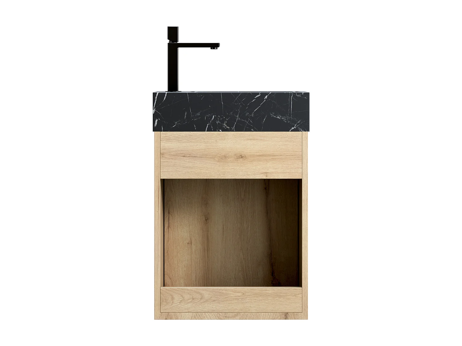 Lavabo mural intégré en marbre noir, design moderne, avec meuble sous vasque en chêne blanc, 1 porte (40x22x58 cm)