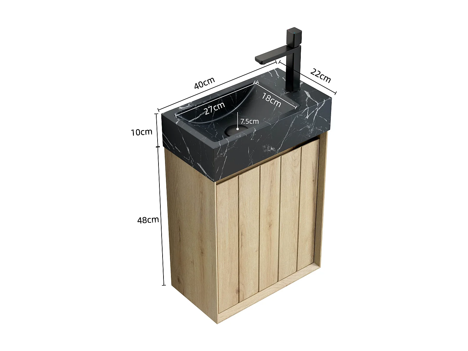 Lavabo mural intégré en marbre noir, design moderne, avec meuble sous vasque en chêne blanc, 1 porte (40x22x58 cm)