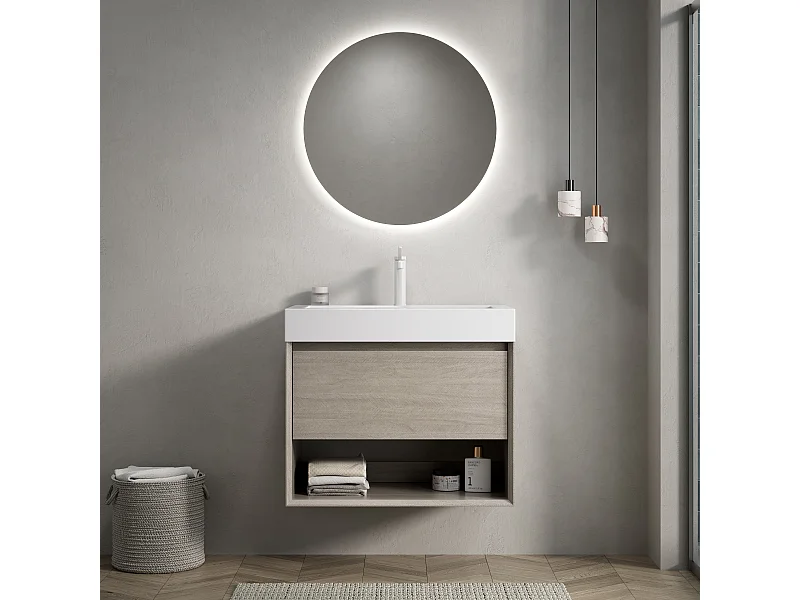 Mobile lavabo sospeso rettangolare con lavabo integrato in resina bianca, impiallacciato rovere chiaro, 1 cassetto e 1 ripiano aperto, premontato (70x46x60 cm)