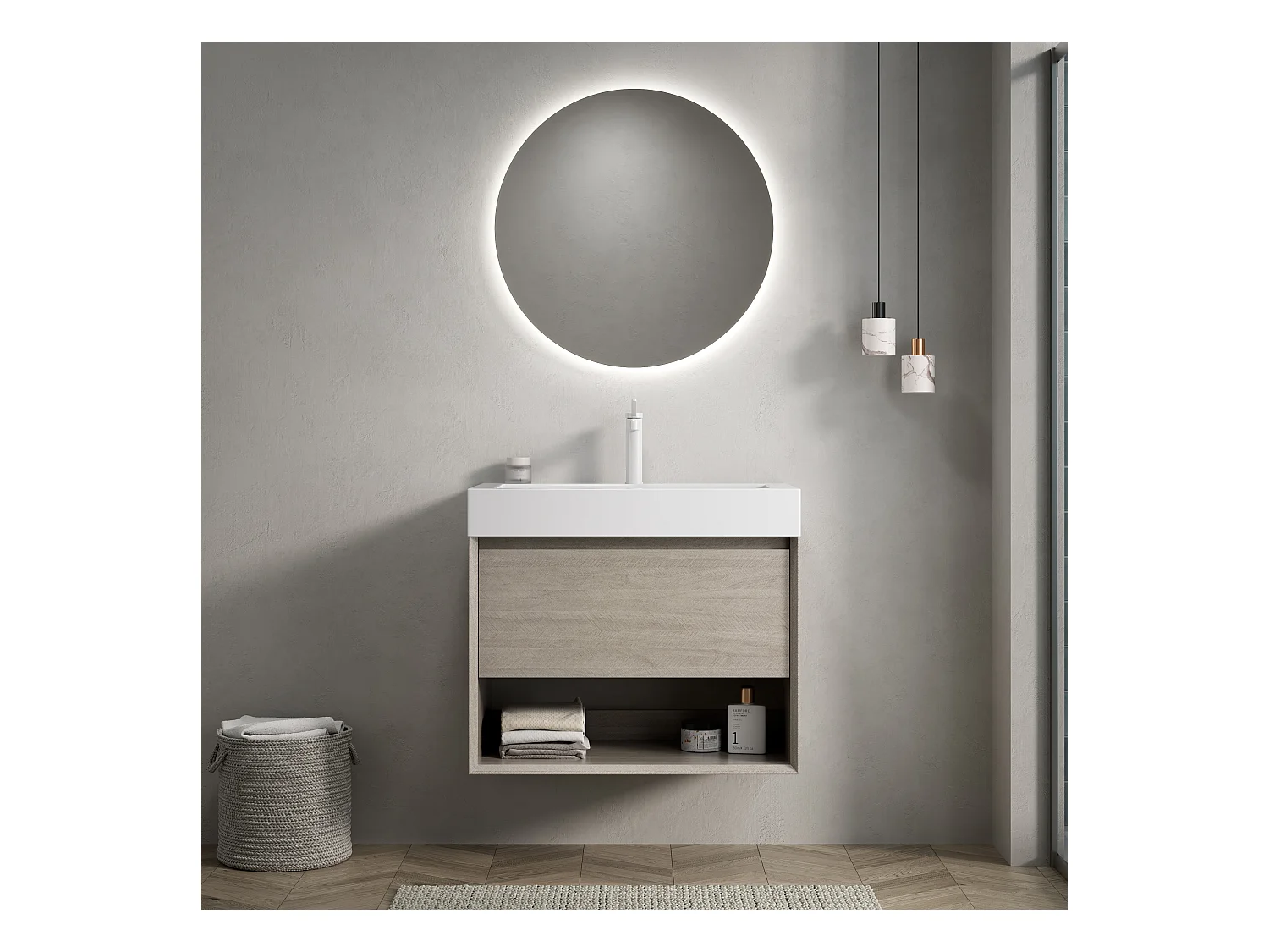 Meuble-lavabo mural rectangulaire avec vasque intégrée en résine blanche, placage chêne clair, 1 tiroir et 1 étagère ouverte, pré-monté (70x46x60 cm)