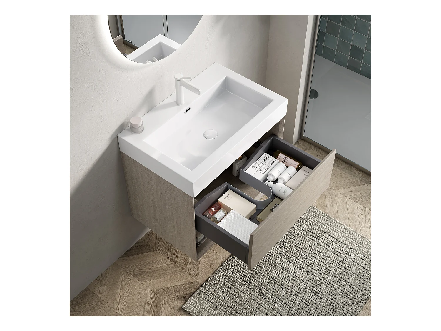 Meuble-lavabo mural rectangulaire avec vasque intégrée en résine blanche, placage chêne clair, 1 tiroir et 1 étagère ouverte, pré-monté (70x46x60 cm)