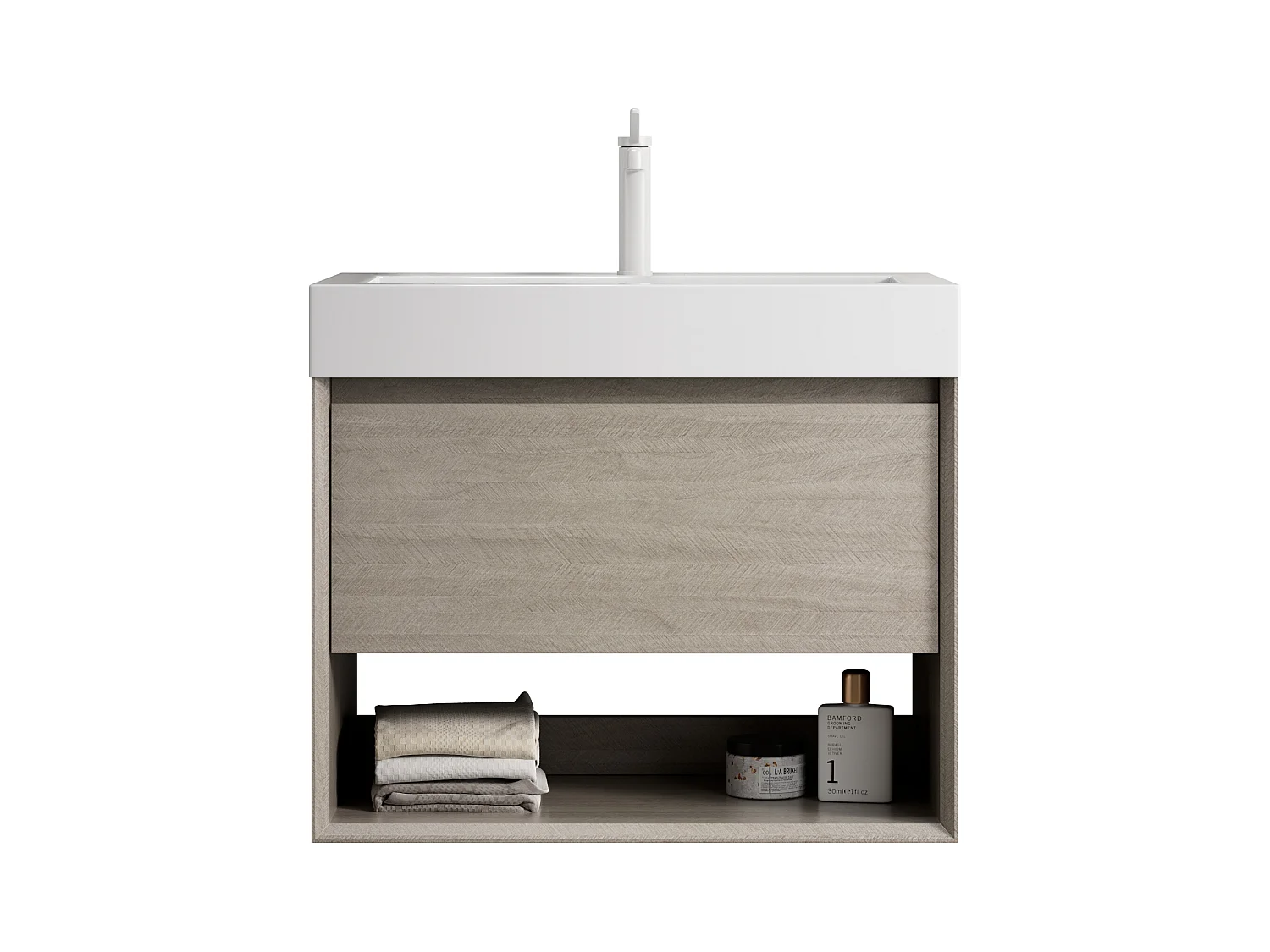 Meuble-lavabo mural rectangulaire avec vasque intégrée en résine blanche, placage chêne clair, 1 tiroir et 1 étagère ouverte, pré-monté (70x46x60 cm)