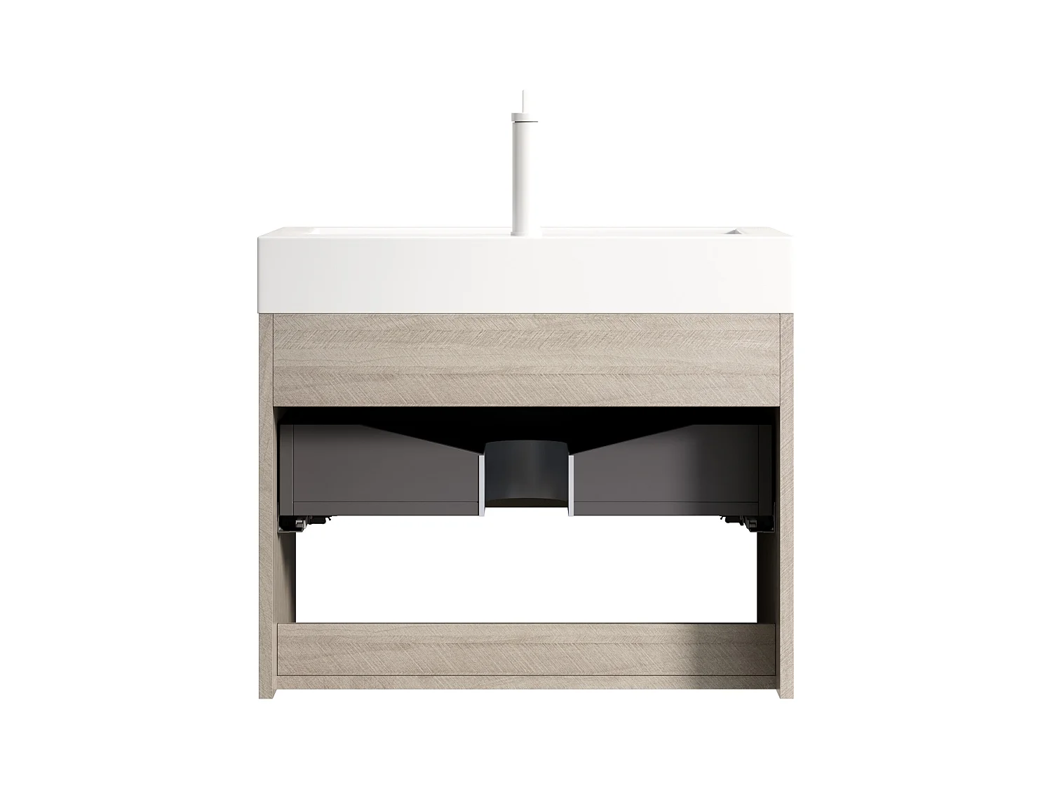 Meuble-lavabo mural rectangulaire avec vasque intégrée en résine blanche, placage chêne clair, 1 tiroir et 1 étagère ouverte, pré-monté (70x46x60 cm)