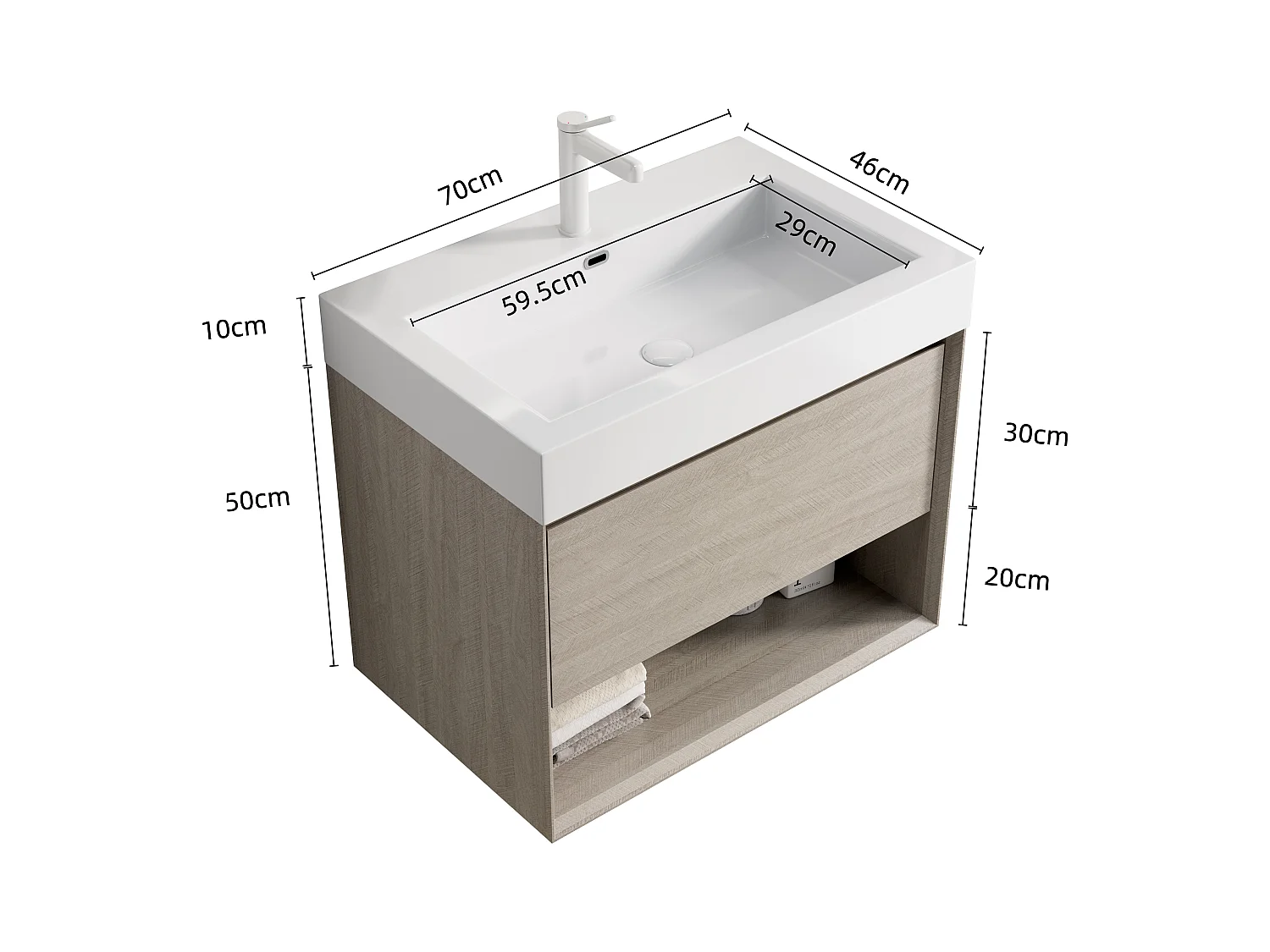 Meuble-lavabo mural rectangulaire avec vasque intégrée en résine blanche, placage chêne clair, 1 tiroir et 1 étagère ouverte, pré-monté (70x46x60 cm)
