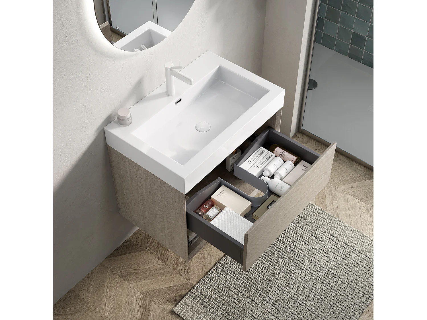 Meuble-lavabo mural rectangulaire avec vasque intégrée en résine blanche, placage chêne clair, 1 tiroir et 1 étagère ouverte, pré-monté (70x46x60 cm)