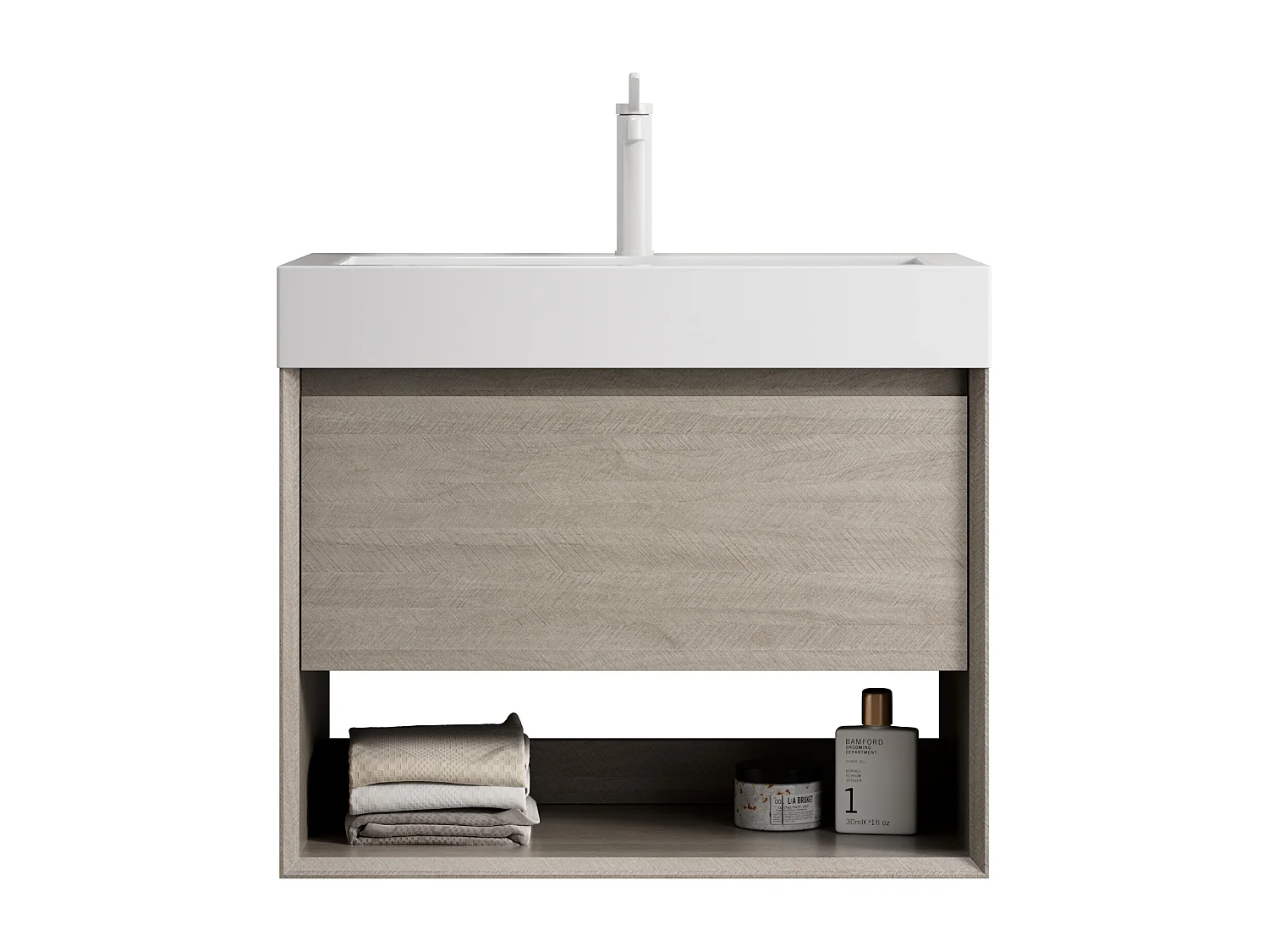 Meuble-lavabo mural rectangulaire avec vasque intégrée en résine blanche, placage chêne clair, 1 tiroir et 1 étagère ouverte, pré-monté (70x46x60 cm)