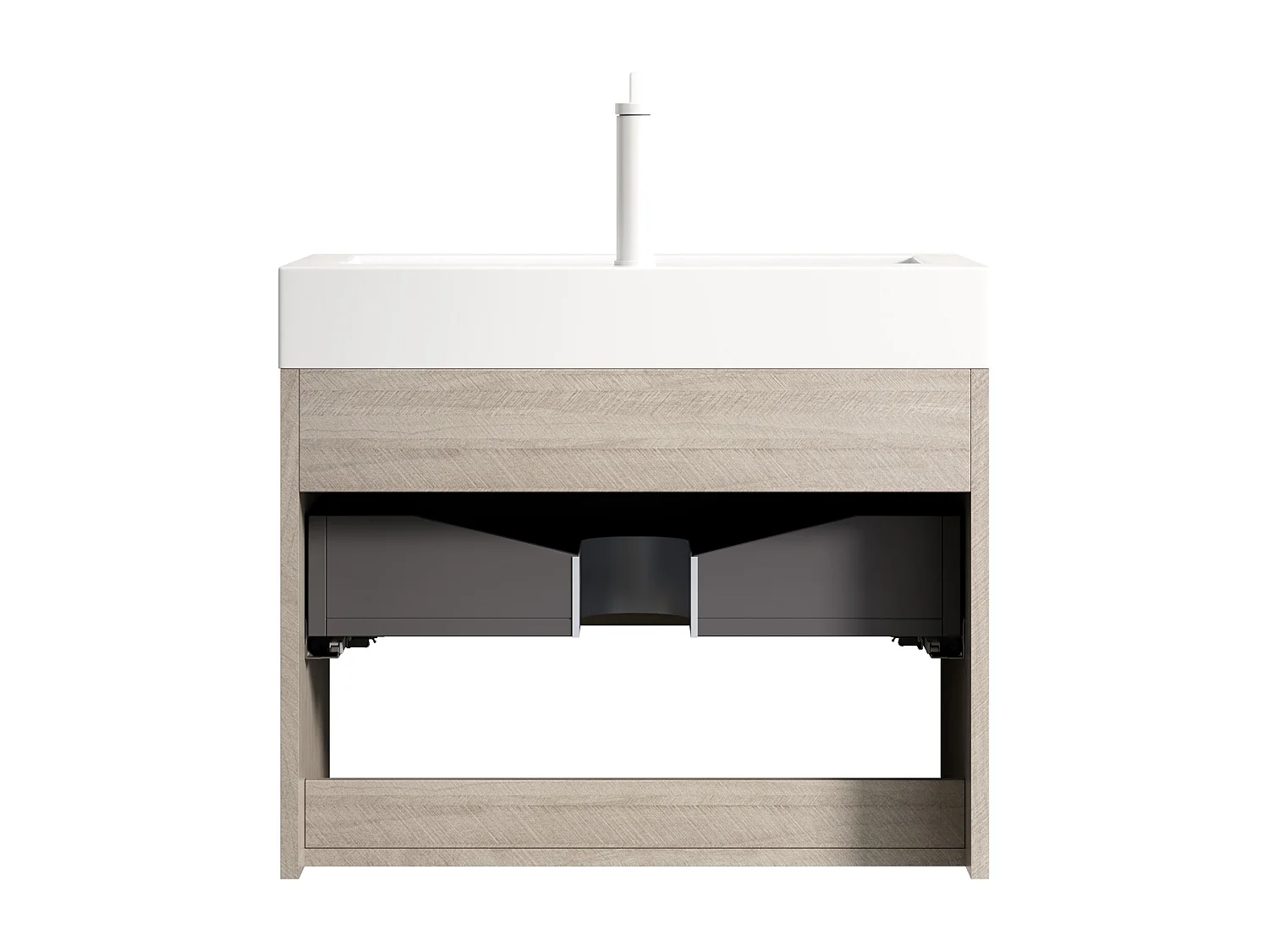 Meuble-lavabo mural rectangulaire avec vasque intégrée en résine blanche, placage chêne clair, 1 tiroir et 1 étagère ouverte, pré-monté (70x46x60 cm)