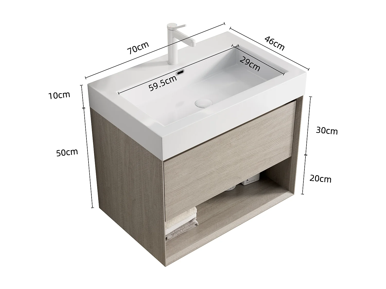 Meuble-lavabo mural rectangulaire avec vasque intégrée en résine blanche, placage chêne clair, 1 tiroir et 1 étagère ouverte, pré-monté (70x46x60 cm)