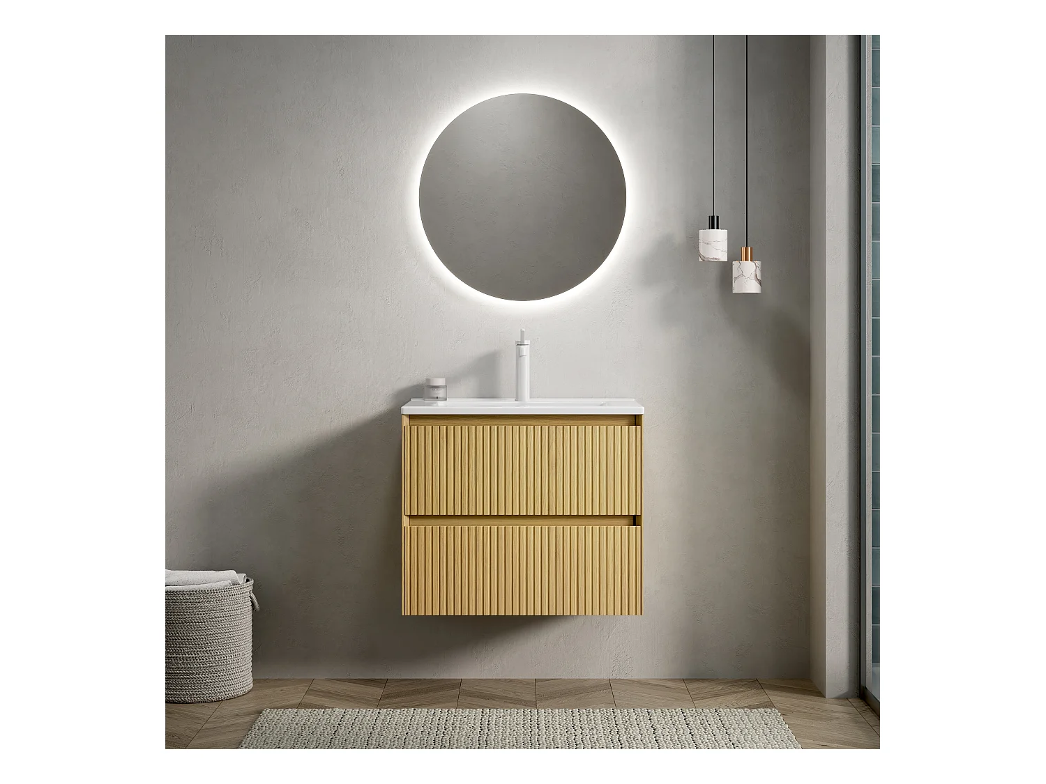Meuble-lavabo mural rectangulaire en céramique blanche avec 2 tiroirs, chêne doré et blanc, contreplaqué stratifié (61x39x51.5cm)