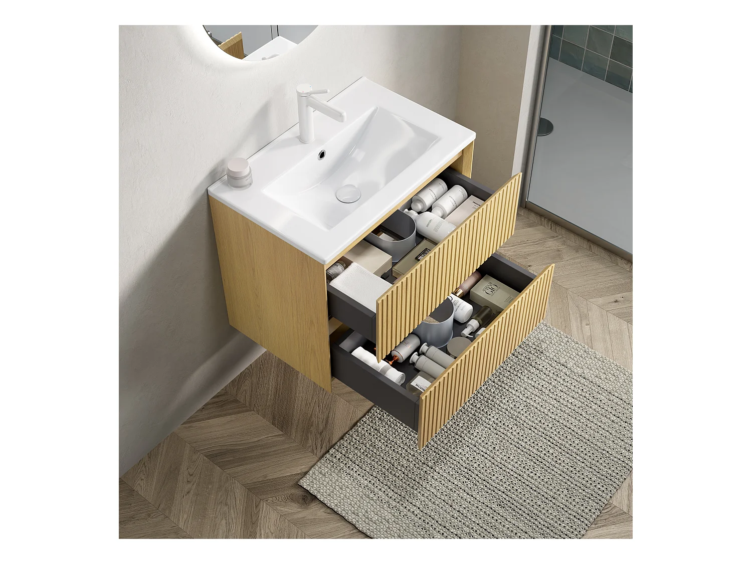 Meuble-lavabo mural rectangulaire en céramique blanche avec 2 tiroirs, chêne doré et blanc, contreplaqué stratifié (61x39x51.5cm)