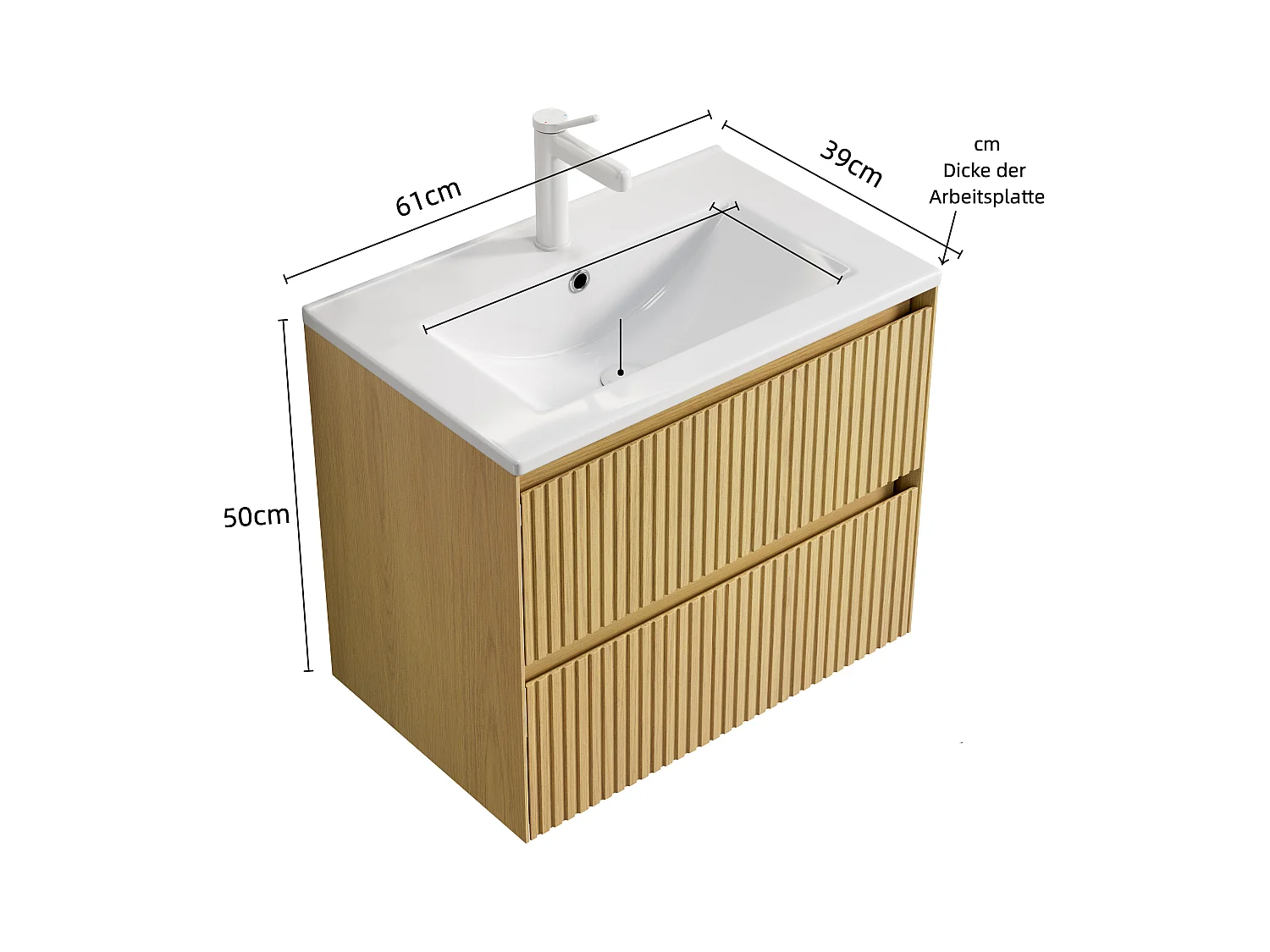 Meuble-lavabo mural rectangulaire en céramique blanche avec 2 tiroirs, chêne doré et blanc, contreplaqué stratifié (61x39x51.5cm)