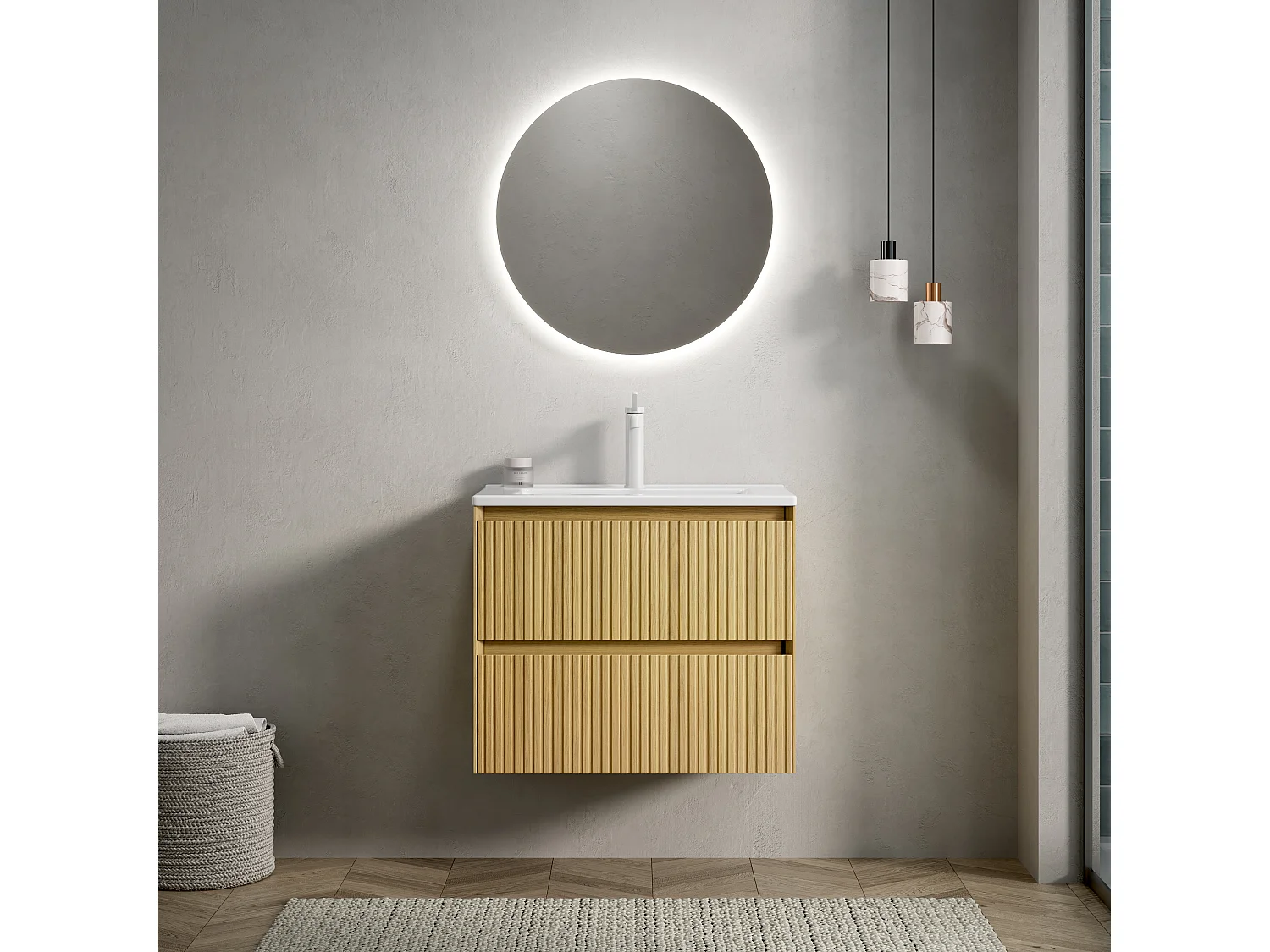 Meuble-lavabo mural rectangulaire en céramique blanche avec 2 tiroirs, chêne doré et blanc, contreplaqué stratifié (61x39x51.5cm)