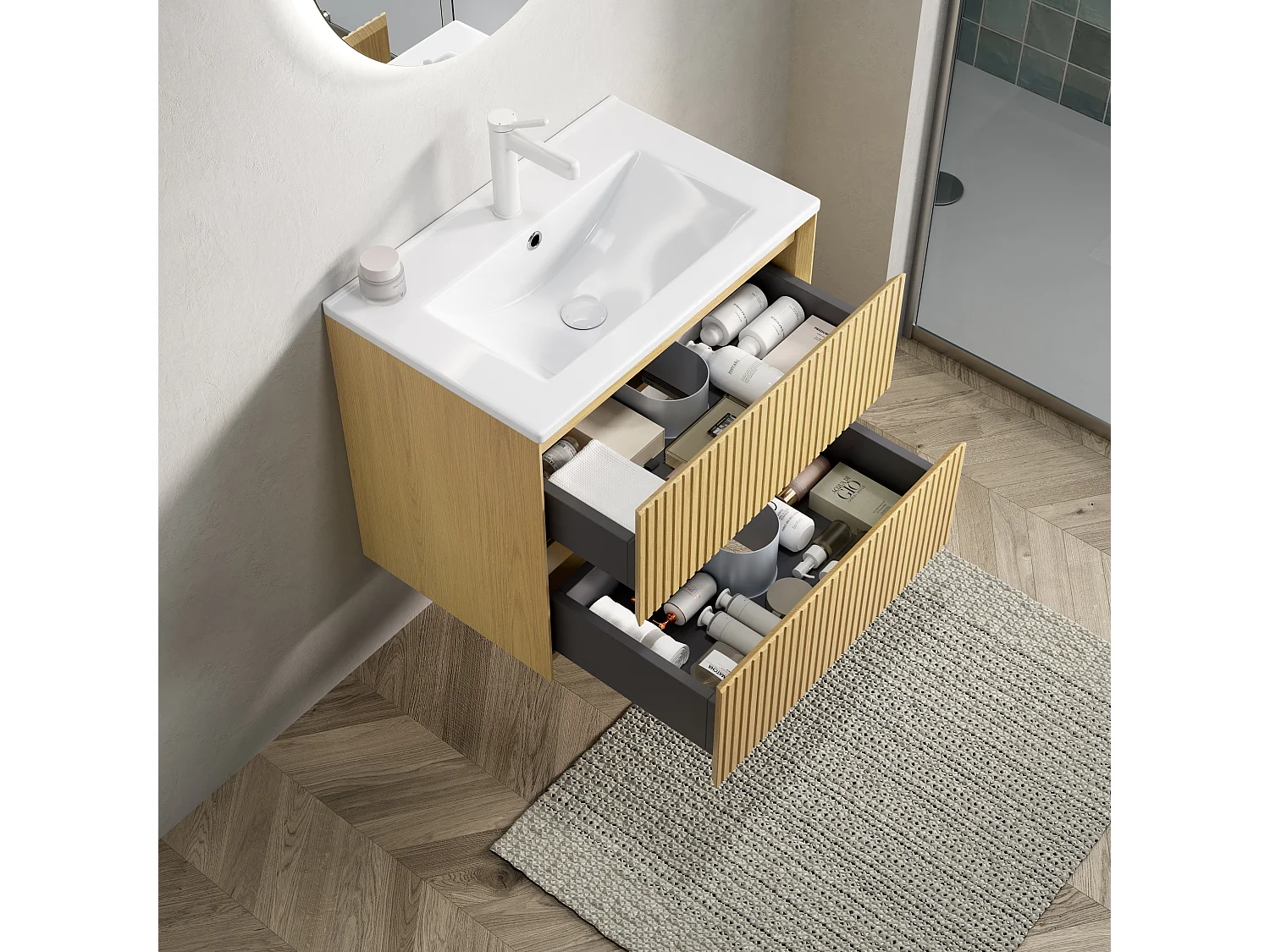 Meuble-lavabo mural rectangulaire en céramique blanche avec 2 tiroirs, chêne doré et blanc, contreplaqué stratifié (61x39x51.5cm)