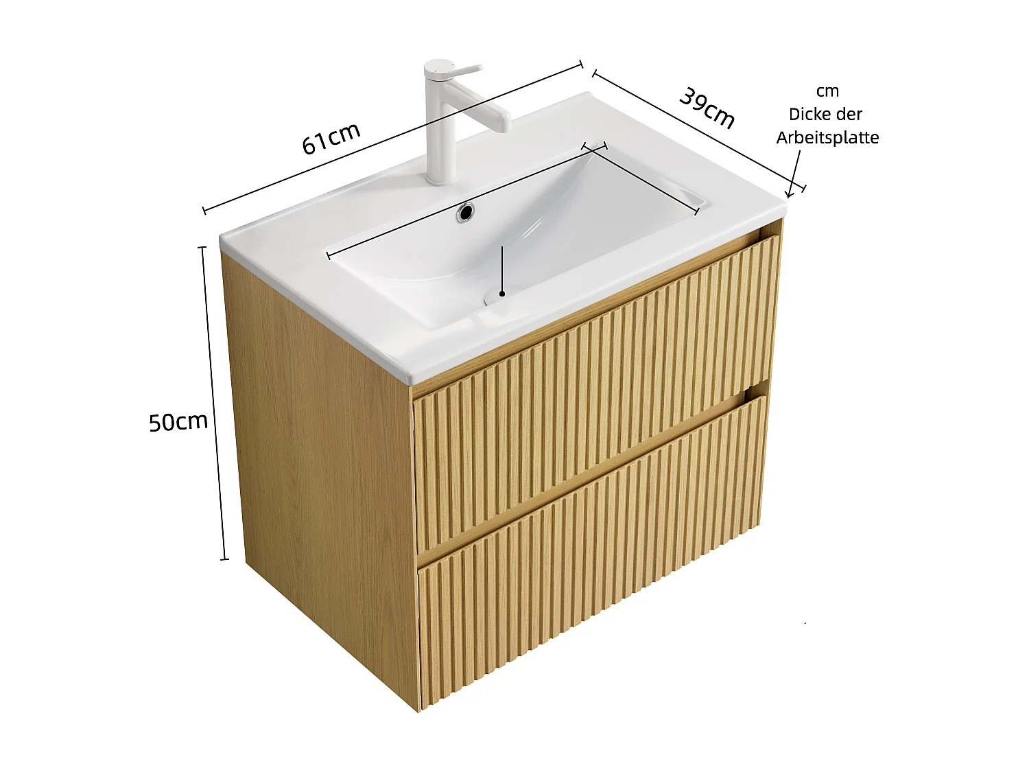 Meuble-lavabo mural rectangulaire en céramique blanche avec 2 tiroirs, chêne doré et blanc, contreplaqué stratifié (61x39x51.5cm)