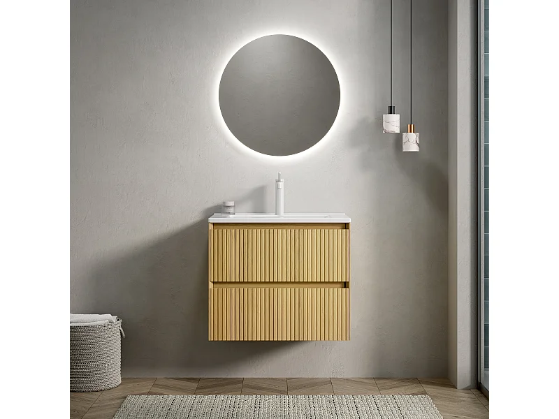 Meuble-lavabo mural rectangulaire en céramique blanche avec 2 tiroirs, chêne doré et blanc, contreplaqué stratifié (61x39x51.5cm)