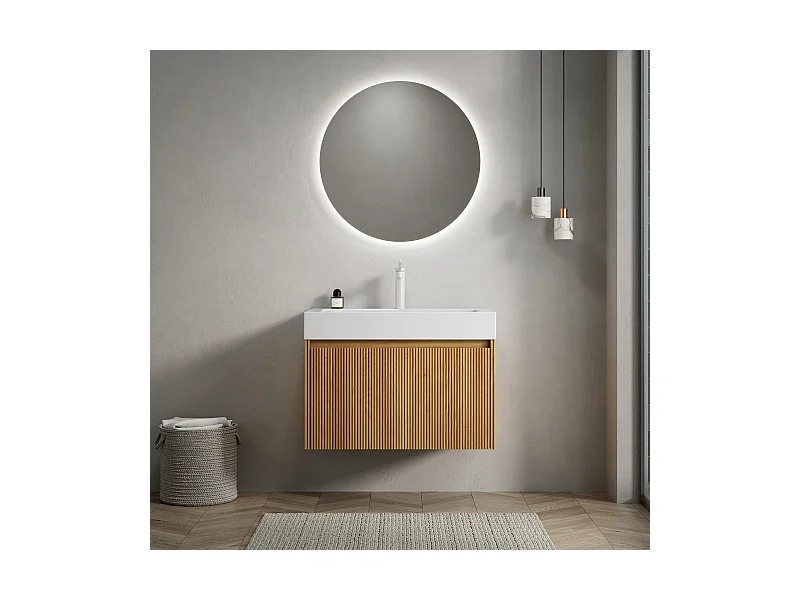 Mobile lavabo sospeso rettangolare con lavabo integrato in resina, impiallacciatura in compensato effetto legno naturale, un cassetto, preassemblato (70x46x50 cm)