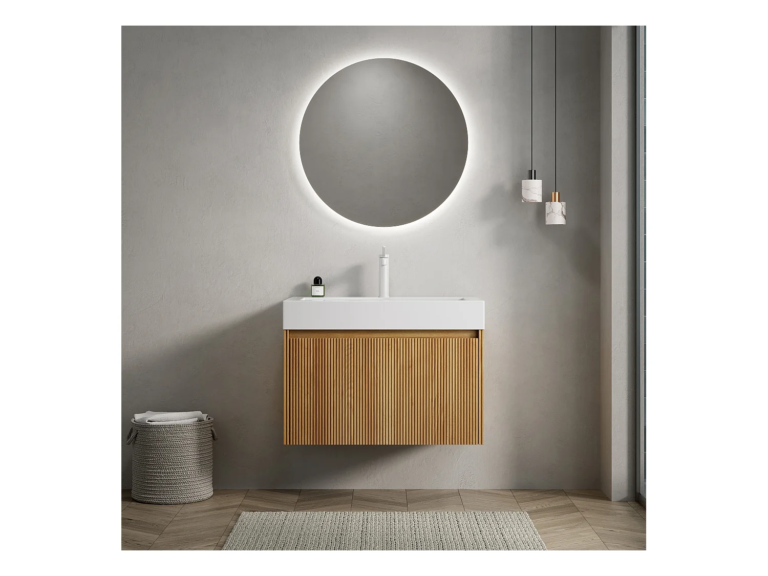Meuble-lavabo mural rectangulaire avec vasque intégrée en résine, placage en contreplaqué à motif bois naturel, une tiroir, pré-monté  (70x46x50 cm)