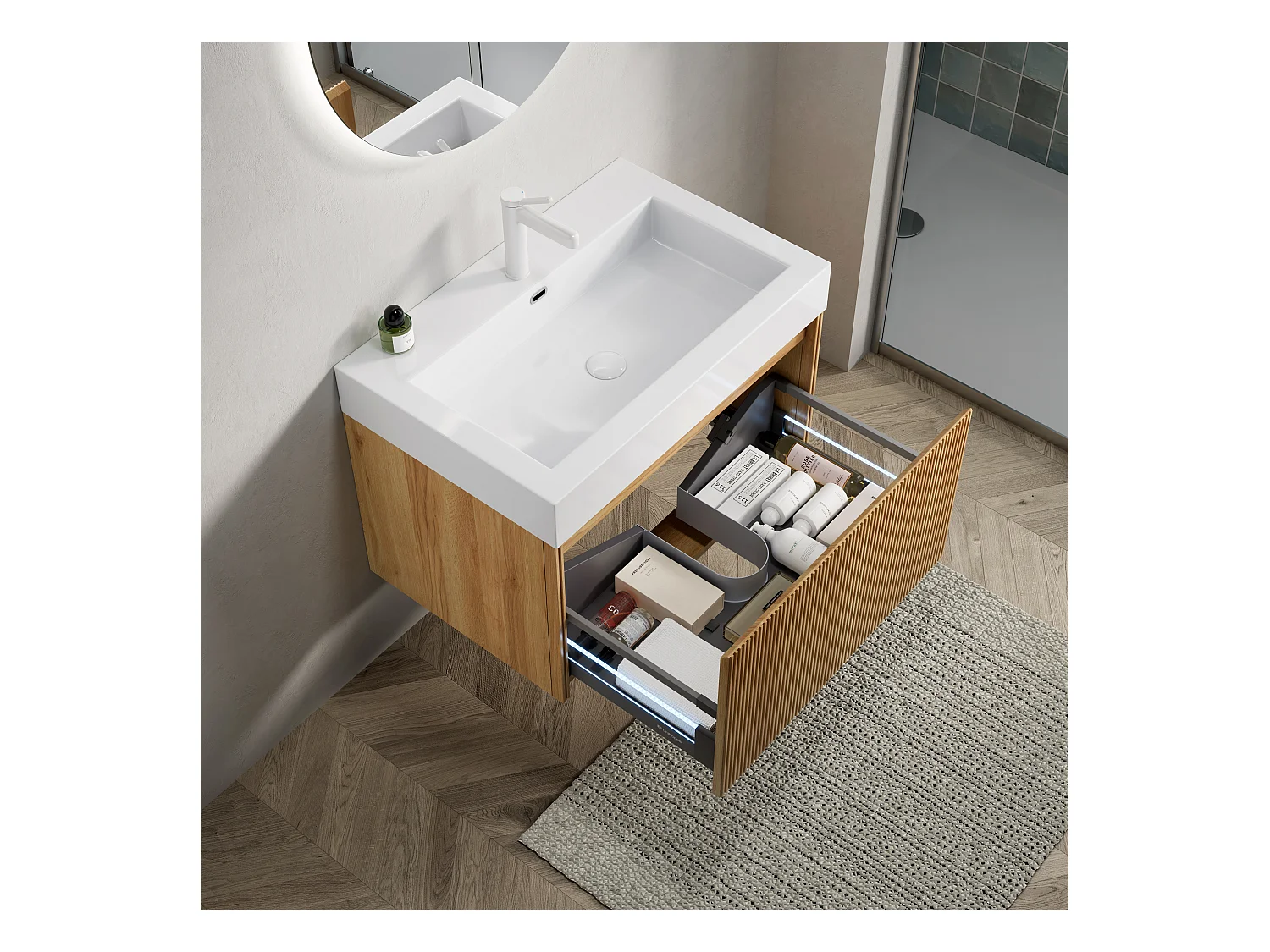 Meuble-lavabo mural rectangulaire avec vasque intégrée en résine, placage en contreplaqué à motif bois naturel, une tiroir, pré-monté  (70x46x50 cm)