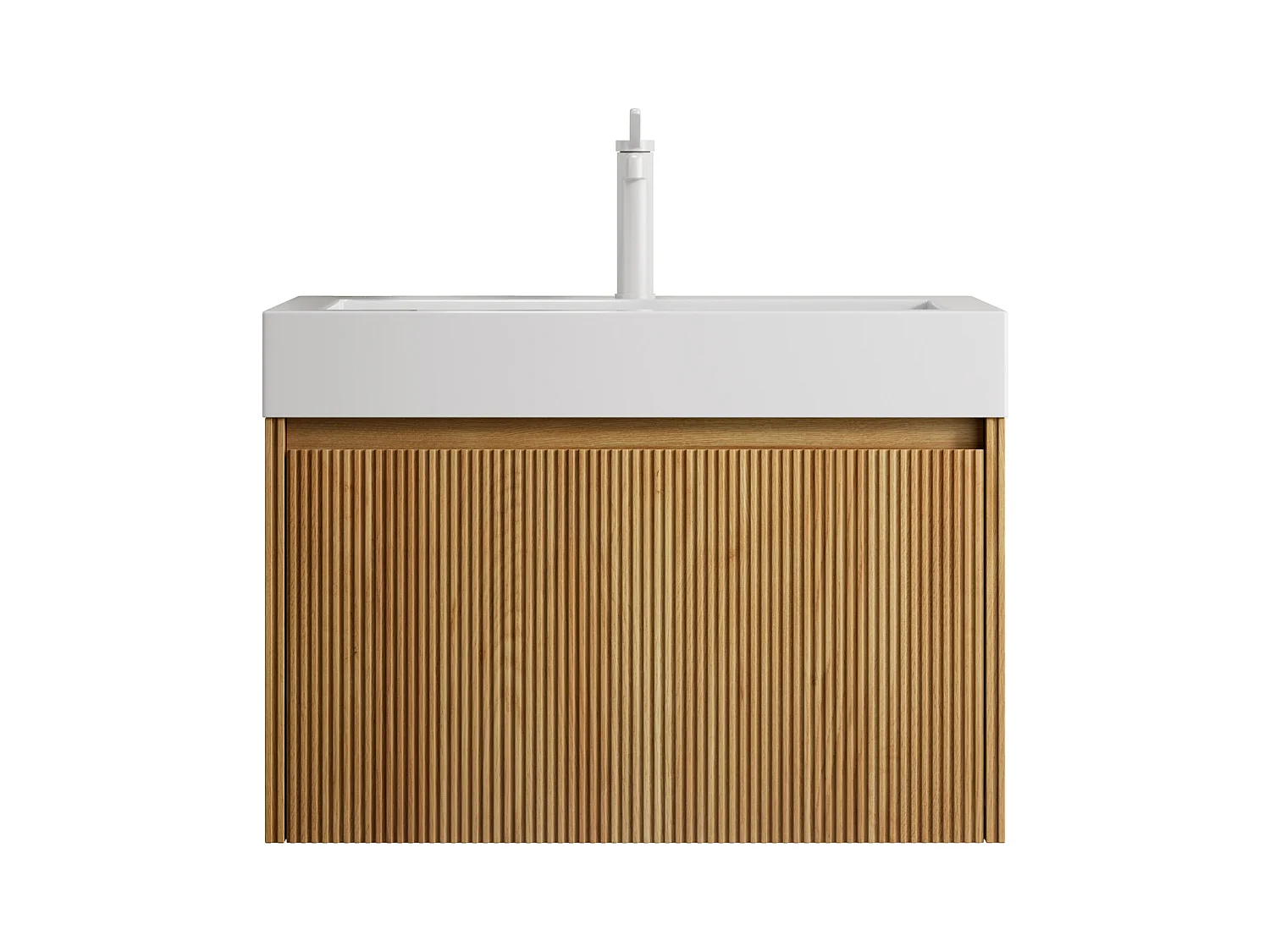 Meuble-lavabo mural rectangulaire avec vasque intégrée en résine, placage en contreplaqué à motif bois naturel, une tiroir, pré-monté  (70x46x50 cm)