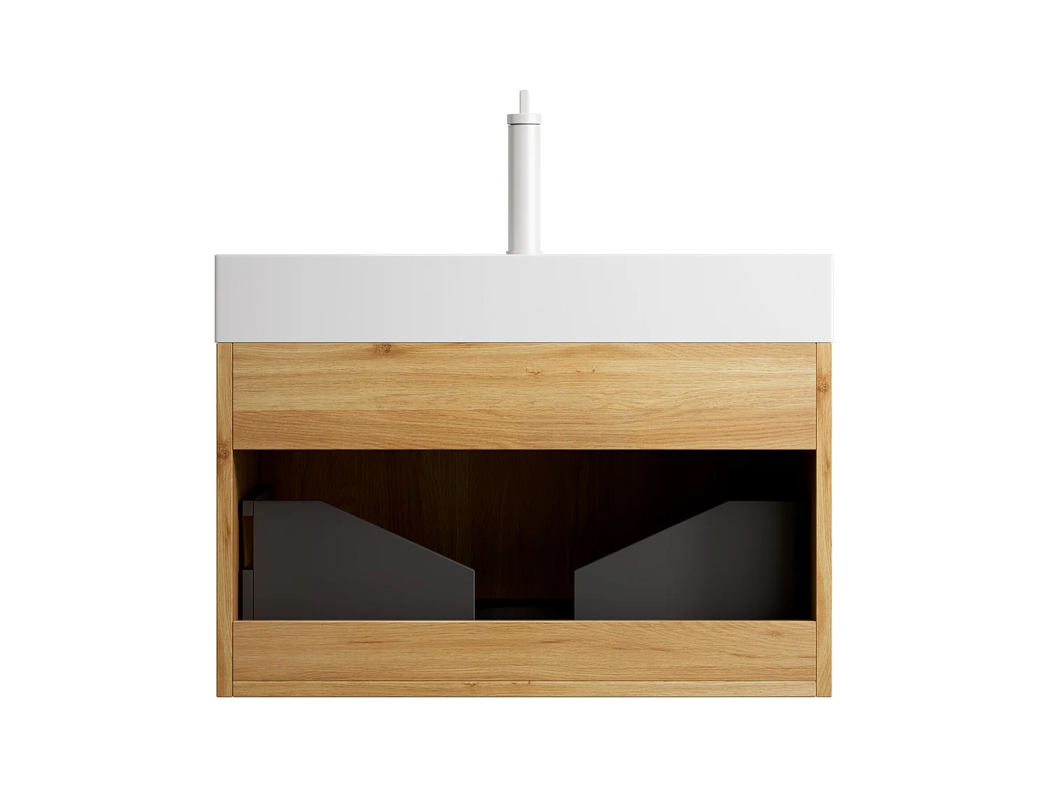 Meuble-lavabo mural rectangulaire avec vasque intégrée en résine, placage en contreplaqué à motif bois naturel, une tiroir, pré-monté  (70x46x50 cm)