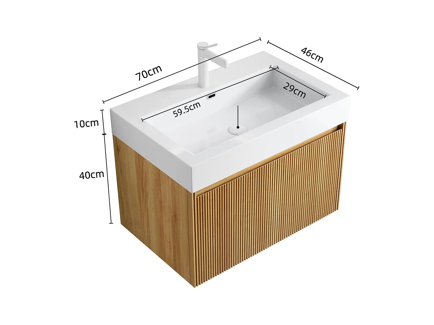 Meuble-lavabo mural rectangulaire avec vasque intégrée en résine, placage en contreplaqué à motif bois naturel, une tiroir, pré-monté  (70x46x50 cm)