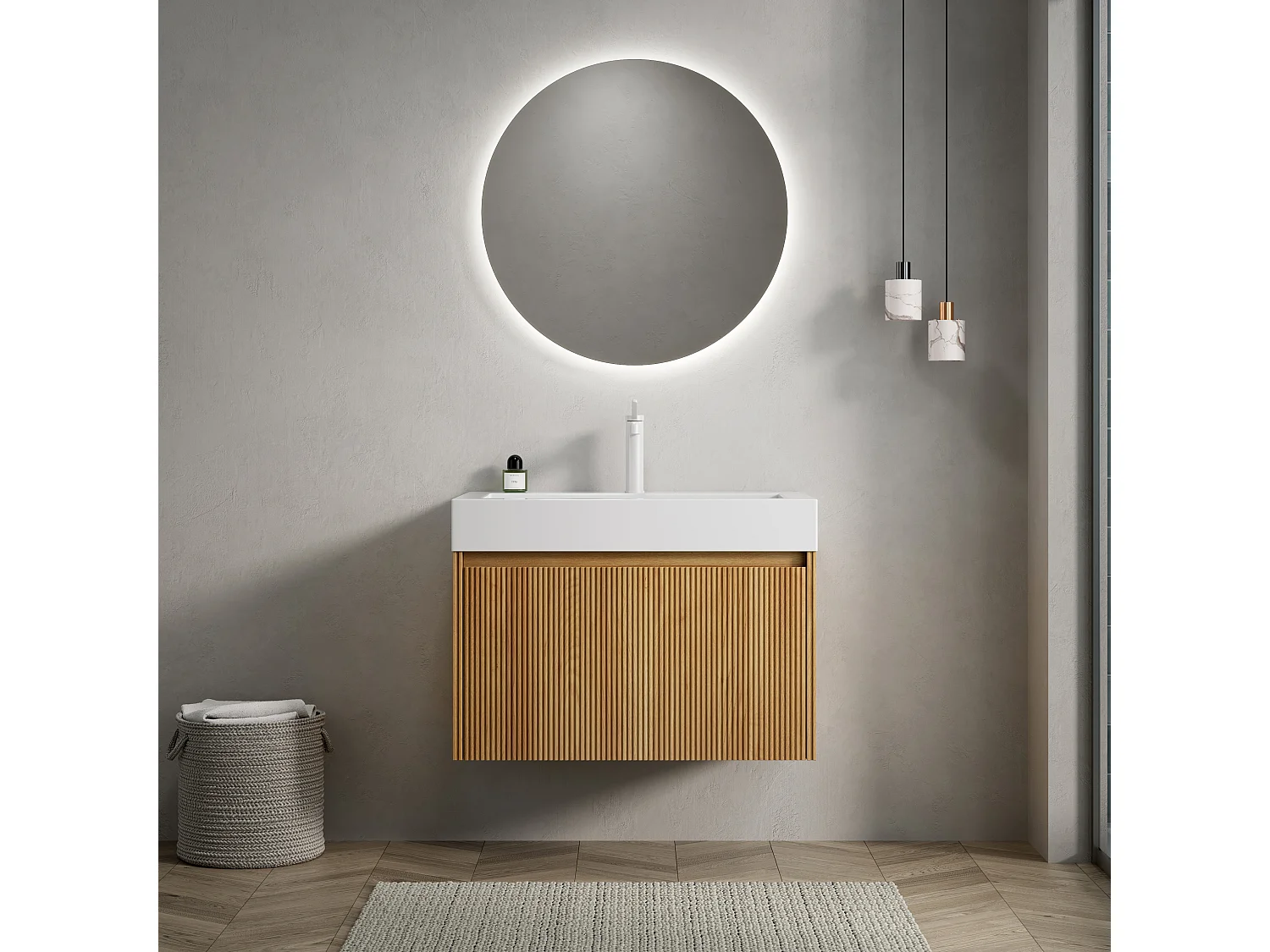 Meuble-lavabo mural rectangulaire avec vasque intégrée en résine, placage en contreplaqué à motif bois naturel, une tiroir, pré-monté  (70x46x50 cm)