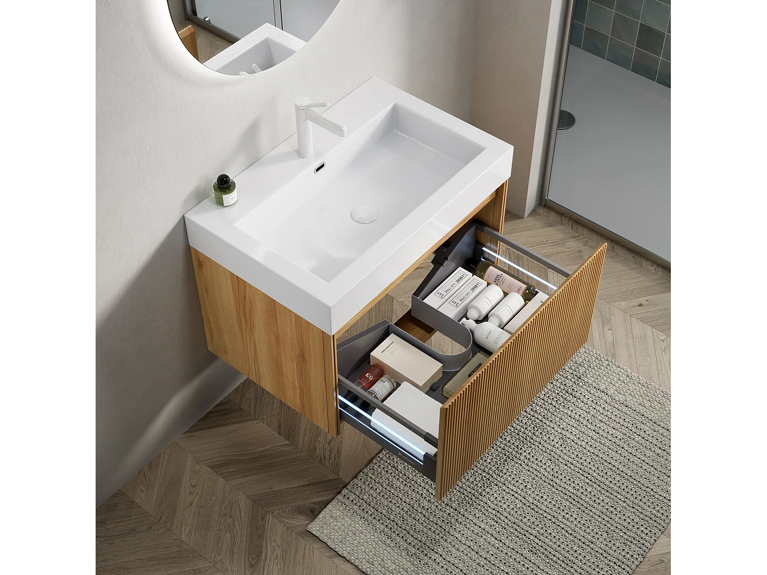 Meuble-lavabo mural rectangulaire avec vasque intégrée en résine, placage en contreplaqué à motif bois naturel, une tiroir, pré-monté  (70x46x50 cm)