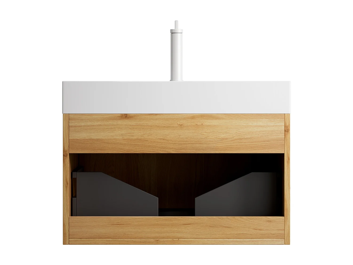 Meuble-lavabo mural rectangulaire avec vasque intégrée en résine, placage en contreplaqué à motif bois naturel, une tiroir, pré-monté  (70x46x50 cm)