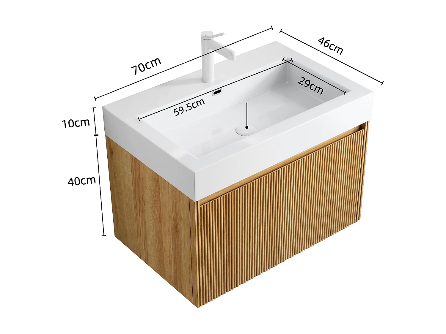 Meuble-lavabo mural rectangulaire avec vasque intégrée en résine, placage en contreplaqué à motif bois naturel, une tiroir, pré-monté  (70x46x50 cm)