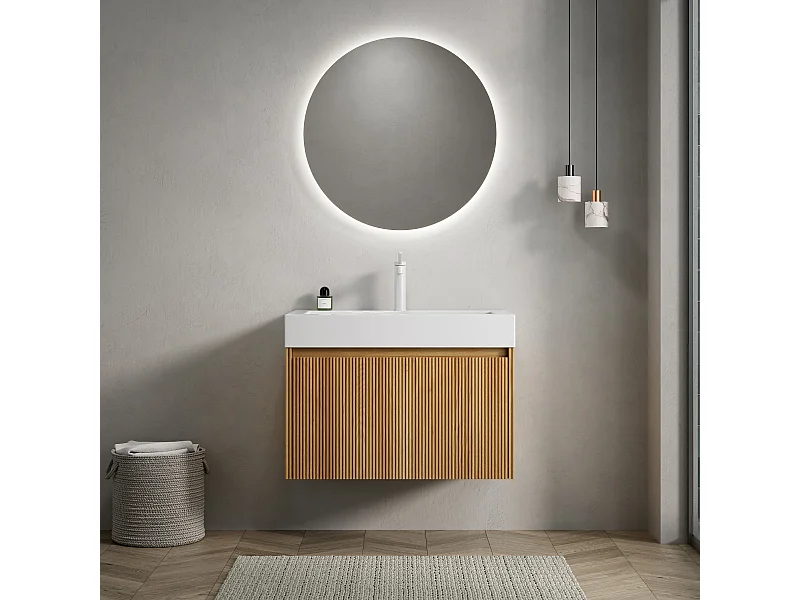 Meuble-lavabo mural rectangulaire avec vasque intégrée en résine, placage en contreplaqué à motif bois naturel, une tiroir, pré-monté  (70x46x50 cm)