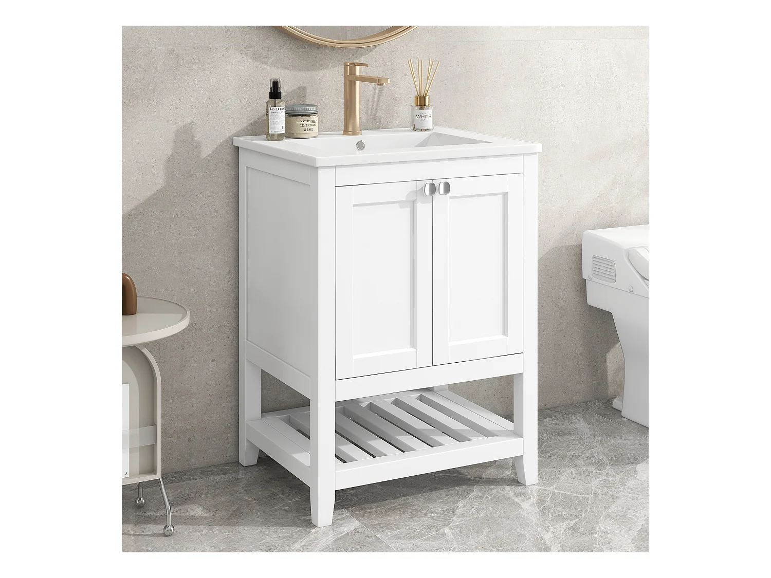 Meuble-lavabo de salle de bain avec vasque en céramique, bois massif et MDF, blanc, design moderne (61x46x90 cm)