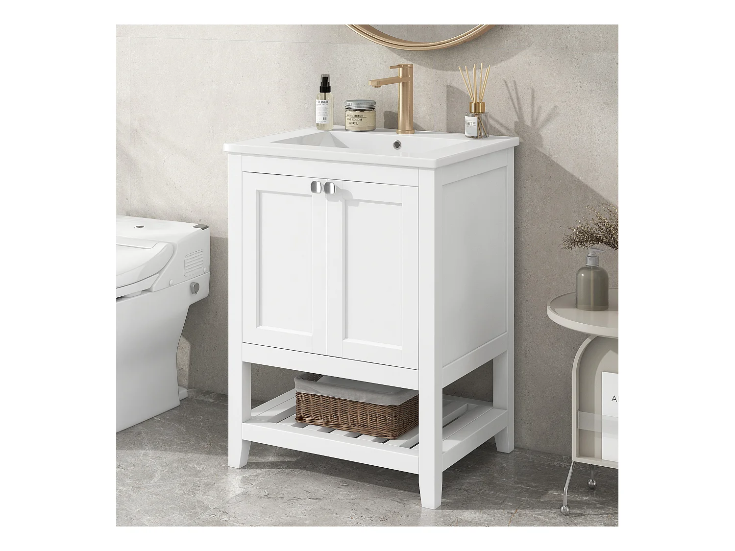Meuble-lavabo de salle de bain avec vasque en céramique, bois massif et MDF, blanc, design moderne (61x46x90 cm)