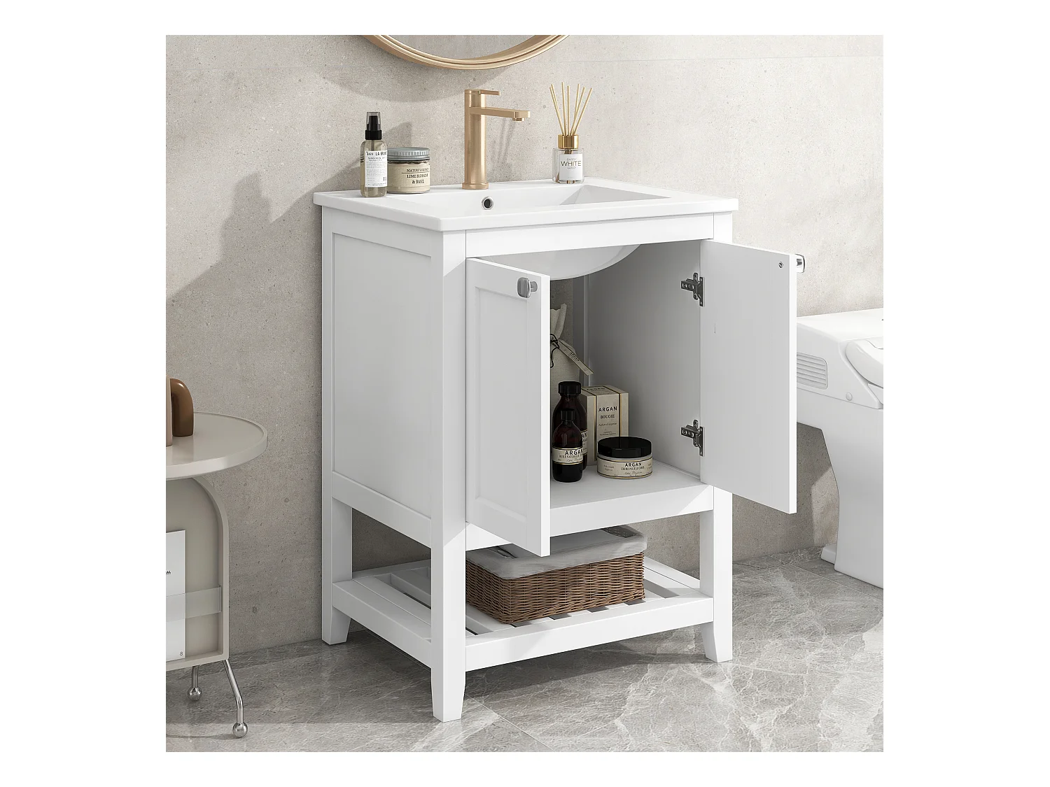 Meuble-lavabo de salle de bain avec vasque en céramique, bois massif et MDF, blanc, design moderne (61x46x90 cm)