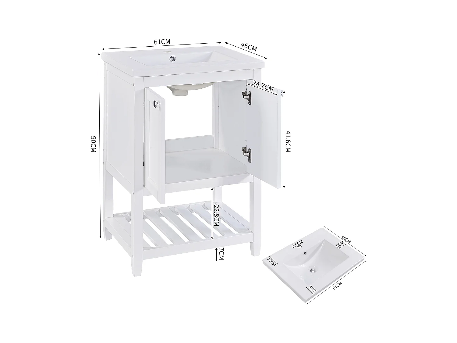 Meuble-lavabo de salle de bain avec vasque en céramique, bois massif et MDF, blanc, design moderne (61x46x90 cm)