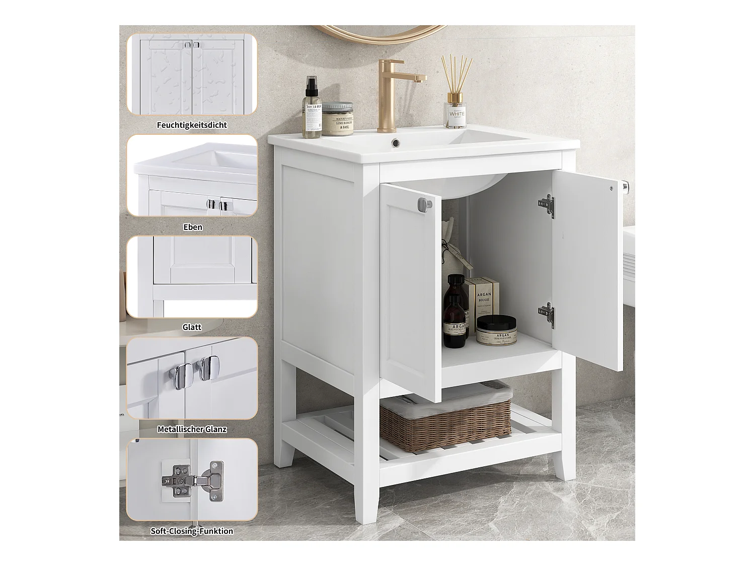 Meuble-lavabo de salle de bain avec vasque en céramique, bois massif et MDF, blanc, design moderne (61x46x90 cm)