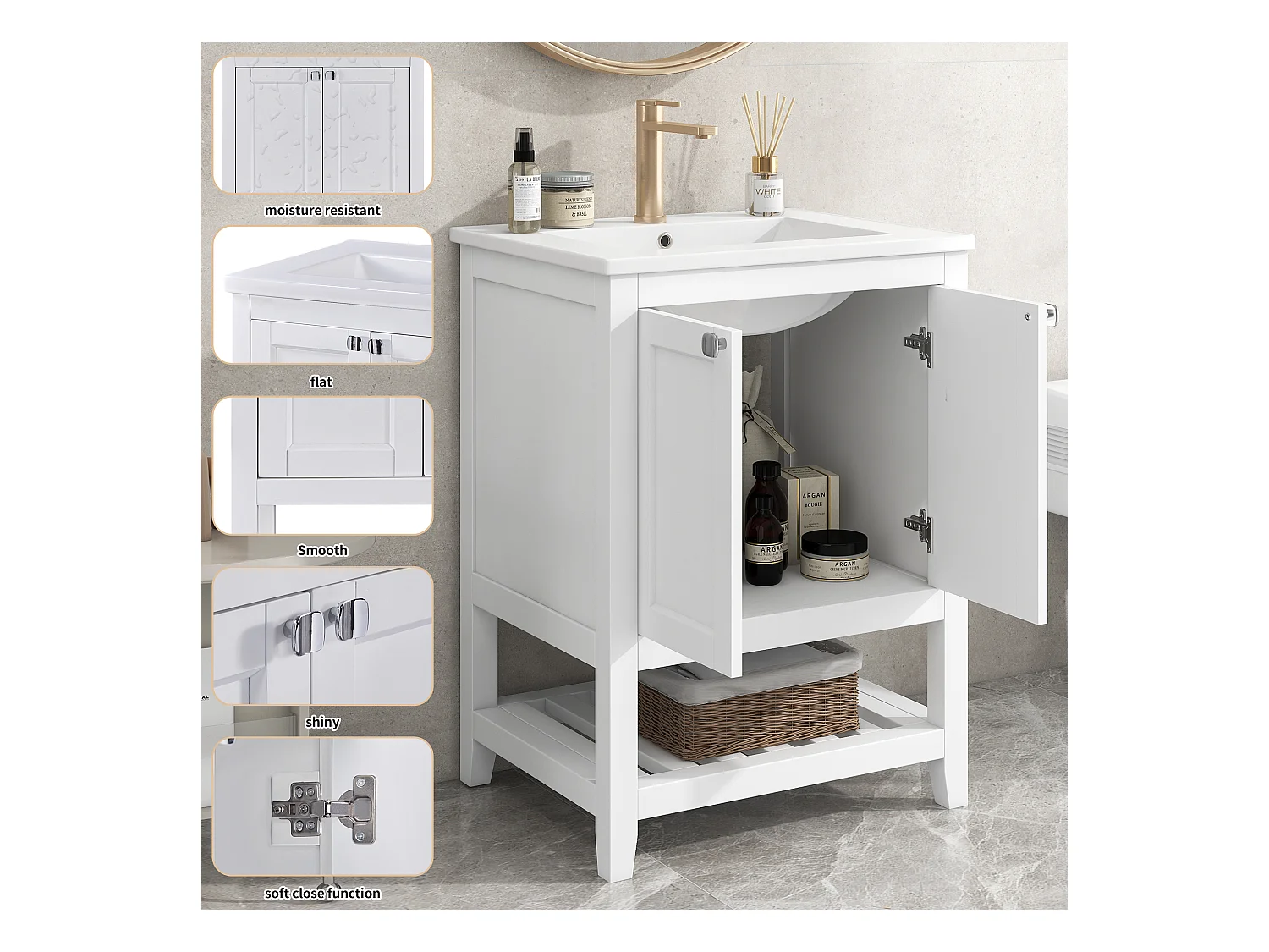 Meuble-lavabo de salle de bain avec vasque en céramique, bois massif et MDF, blanc, design moderne (61x46x90 cm)