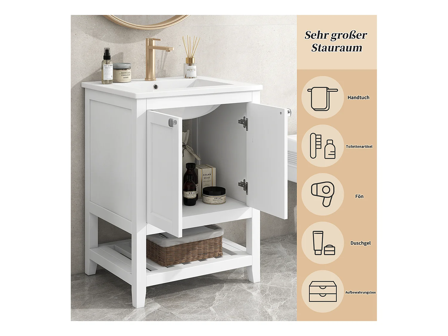 Meuble-lavabo de salle de bain avec vasque en céramique, bois massif et MDF, blanc, design moderne (61x46x90 cm)