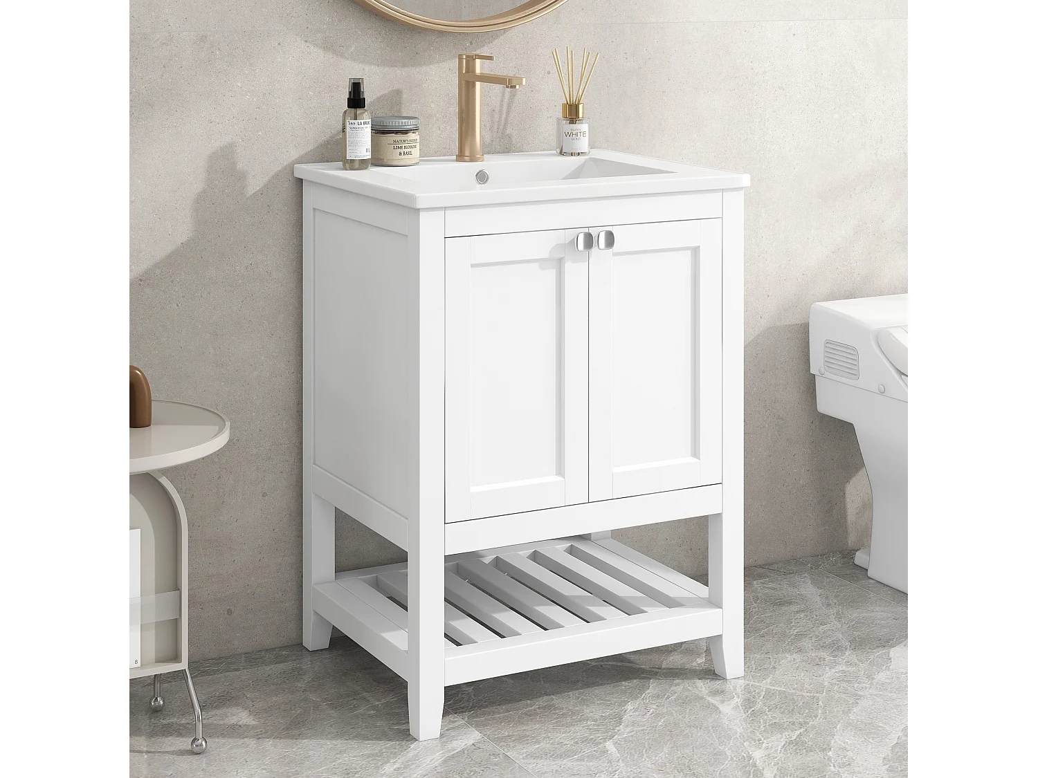 Meuble-lavabo de salle de bain avec vasque en céramique, bois massif et MDF, blanc, design moderne (61x46x90 cm)