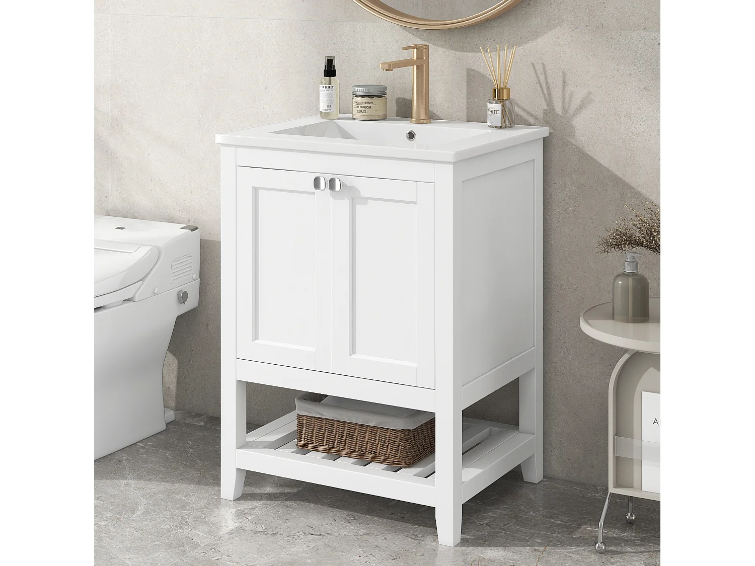 Meuble-lavabo de salle de bain avec vasque en céramique, bois massif et MDF, blanc, design moderne (61x46x90 cm)