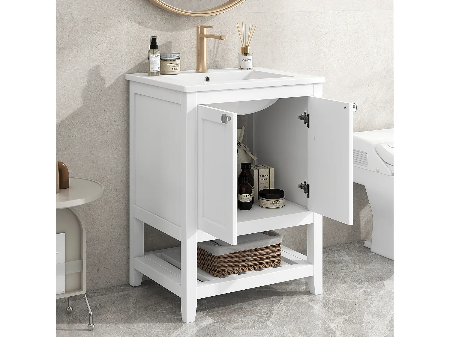 Meuble-lavabo de salle de bain avec vasque en céramique, bois massif et MDF, blanc, design moderne (61x46x90 cm)