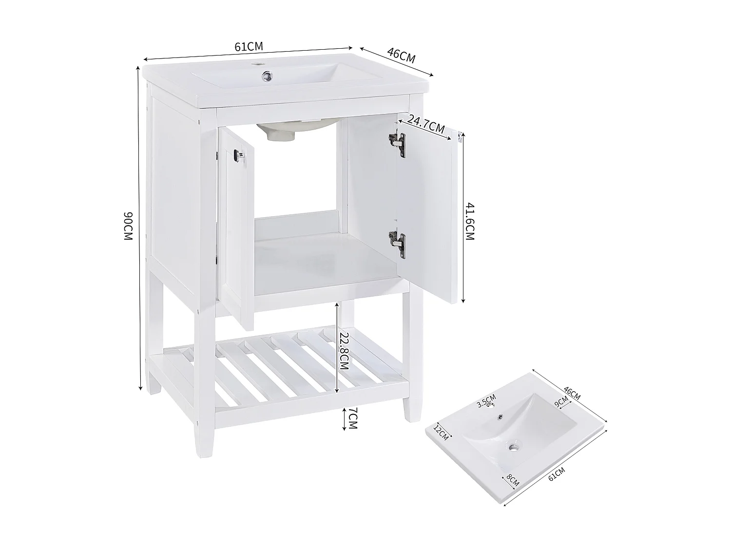 Meuble-lavabo de salle de bain avec vasque en céramique, bois massif et MDF, blanc, design moderne (61x46x90 cm)