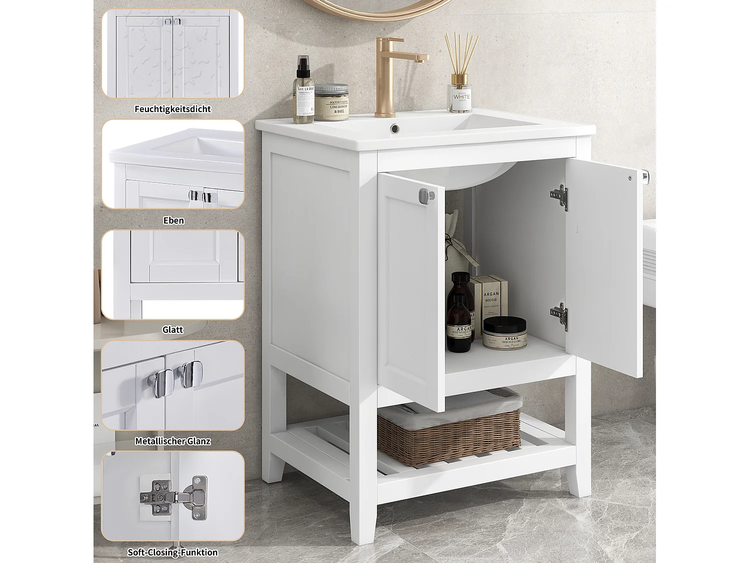 Meuble-lavabo de salle de bain avec vasque en céramique, bois massif et MDF, blanc, design moderne (61x46x90 cm)