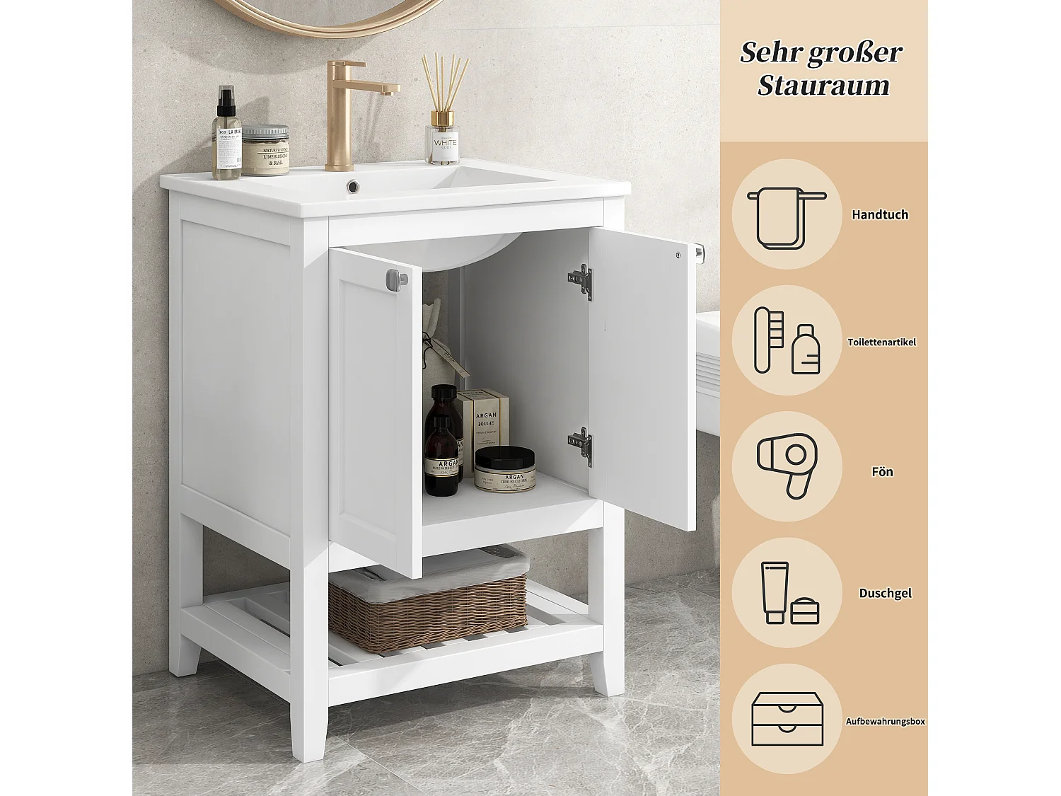 Meuble-lavabo de salle de bain avec vasque en céramique, bois massif et MDF, blanc, design moderne (61x46x90 cm)