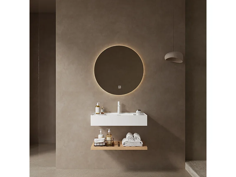 Mobile lavabo sospeso con lavabo rettangolare in acrilico, design moderno, legno naturale e laminato bianco, mensola a righe (75x46x20,7 cm)