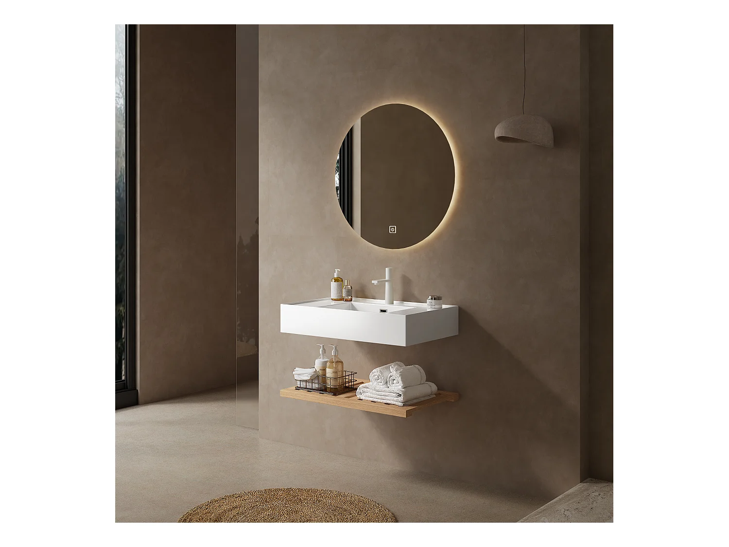 Meuble-lavabo suspendu avec bac rectangulaire en acrylique, design moderne, stratifié bois naturel et blanc, étagère à rayures (75x46x20.7 cm)