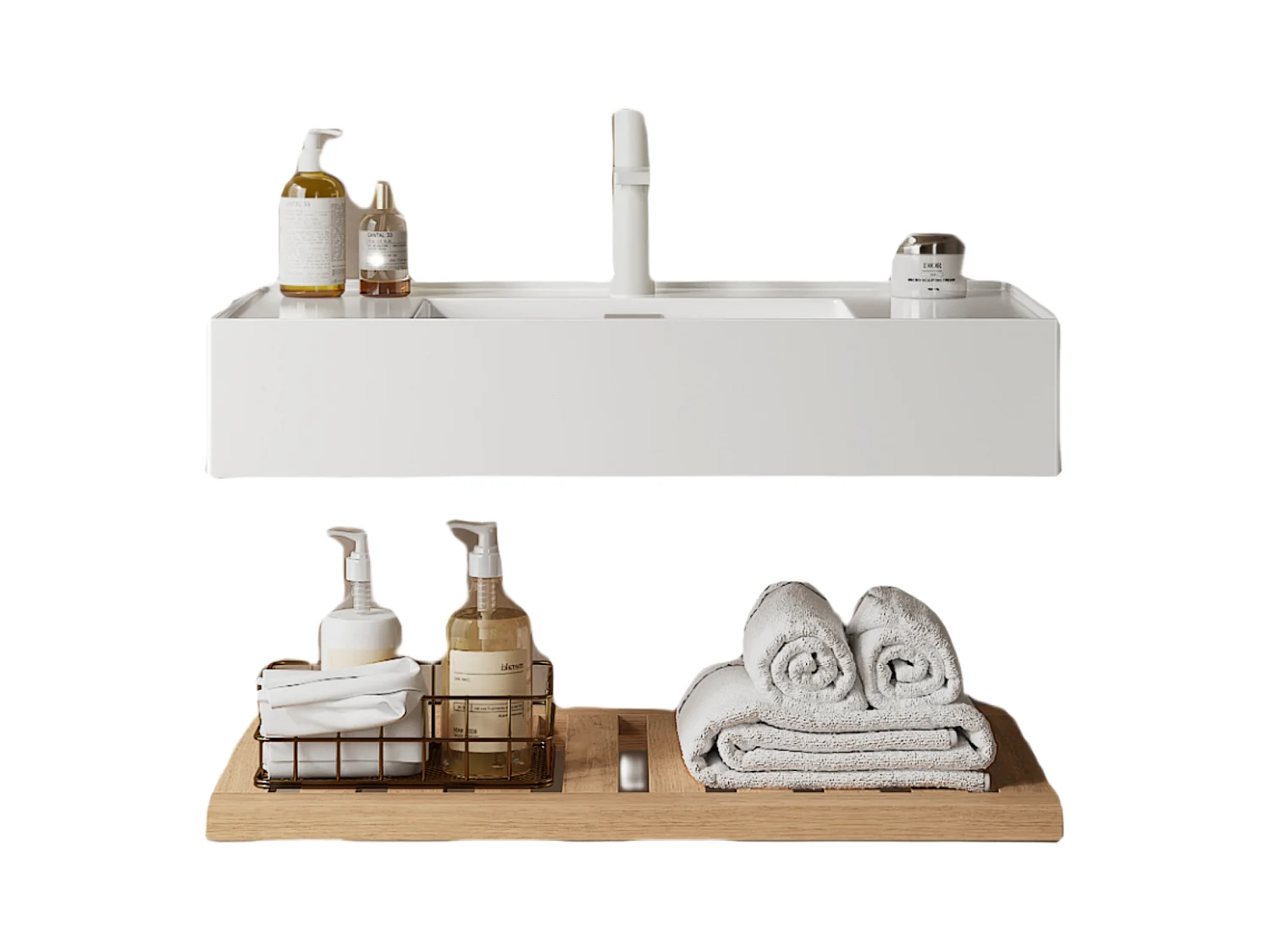 Meuble-lavabo suspendu avec bac rectangulaire en acrylique, design moderne, stratifié bois naturel et blanc, étagère à rayures (75x46x20.7 cm)